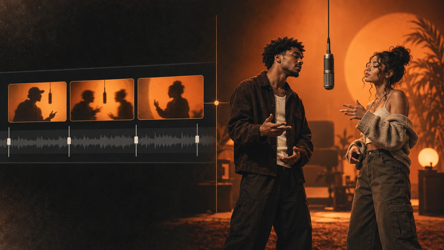 Concept illustration pairing an editing timeline with two fictional performers beside a suspended microphone in an orange studio