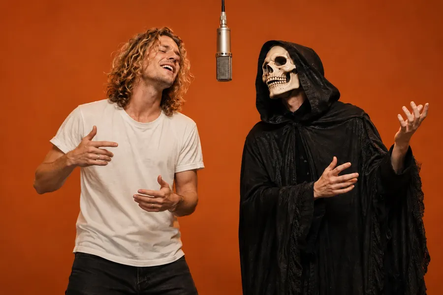 AI-generated duo in a white shirt and theatrical skull costume in an orange studio