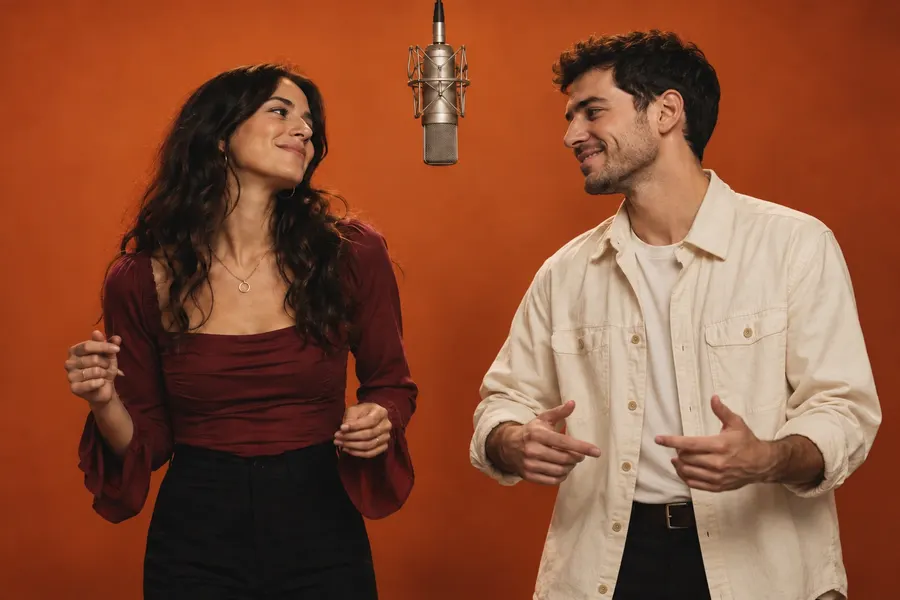 AI-generated couple sharing a performance in the orange microphone studio