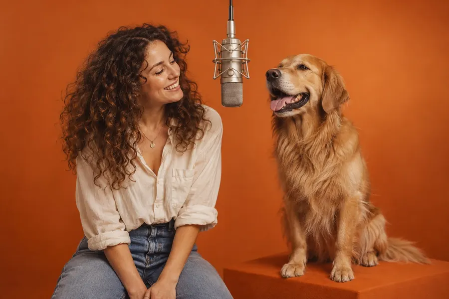 AI-generated woman and golden retriever beside a hanging studio microphone