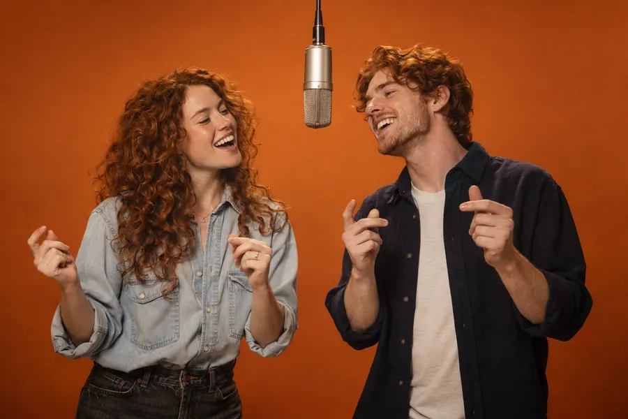 AI-generated adult siblings with auburn hair performing in an orange studio