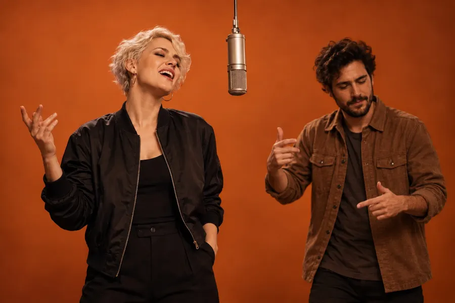 AI-generated lead performer with platinum hair beside a supporting performer in an orange studio