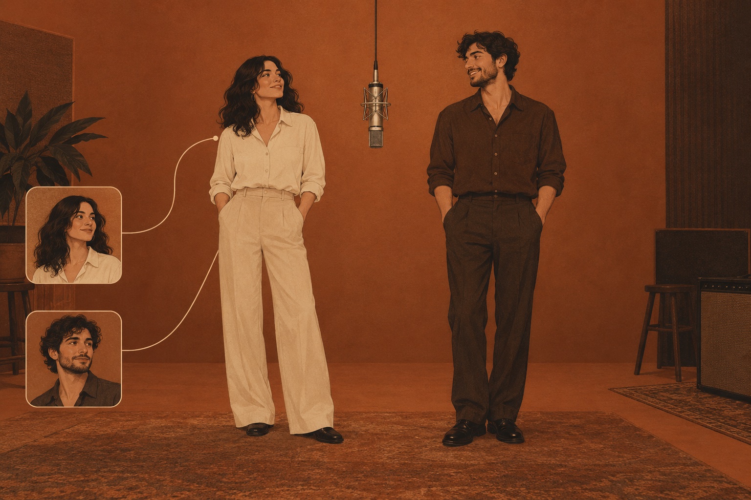 Concept illustration of two fictional adults and their portrait references beside a suspended microphone in an orange studio