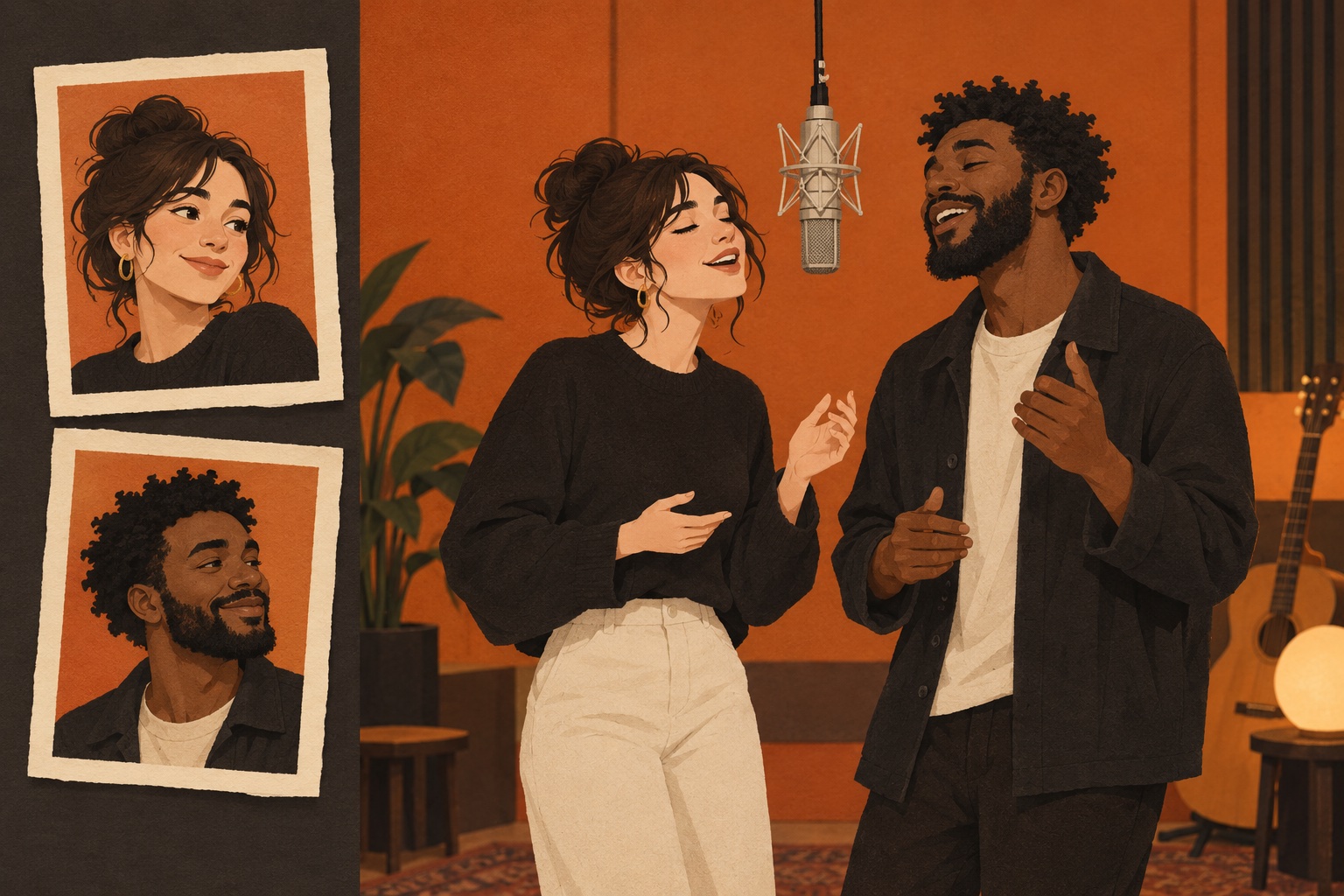 Paper-cut concept of two fictional adults in an orange studio, with two separate portrait prints beside the duo