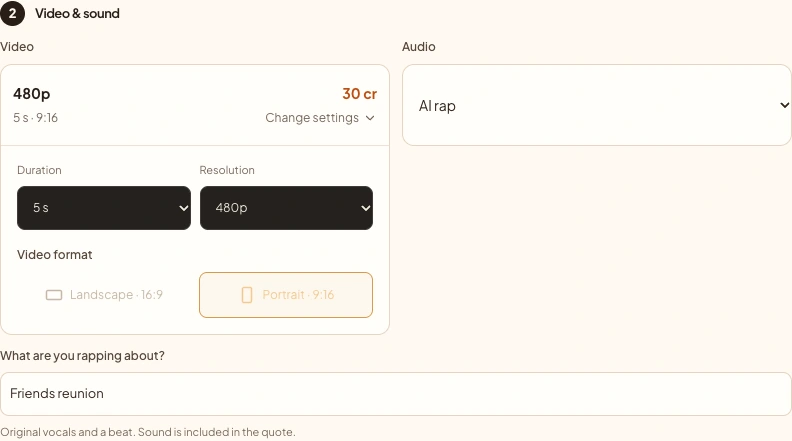 Creator settings showing portrait framing, duration and resolution