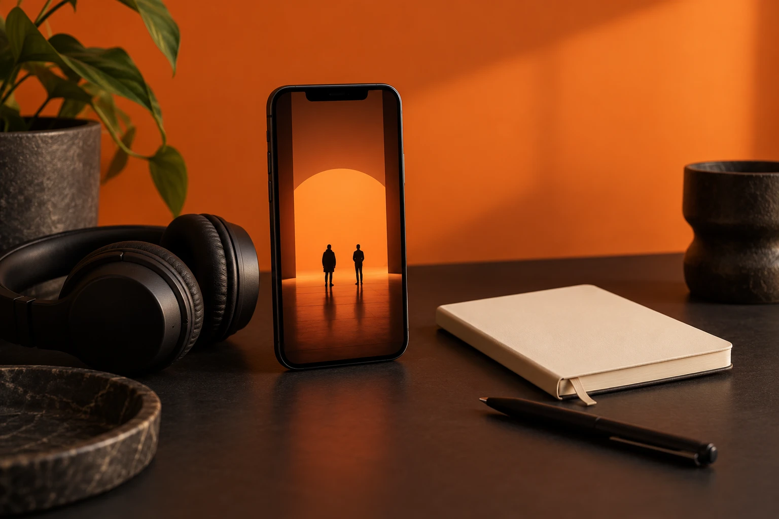 Concept illustration of a phone displaying an orange performance scene beside headphones