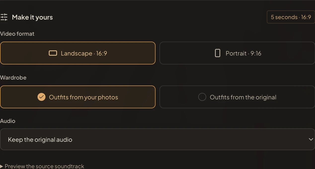 Real production settings showing the video format, wardrobe and audio selector