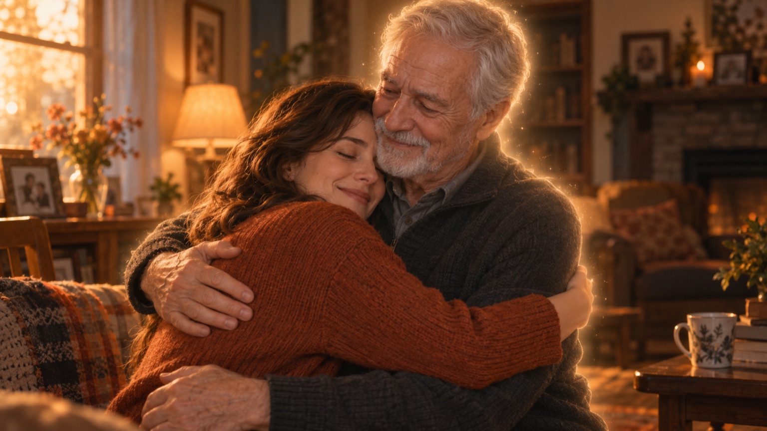 Original concept illustration for ai hug with a deceased loved one; not a generated video result