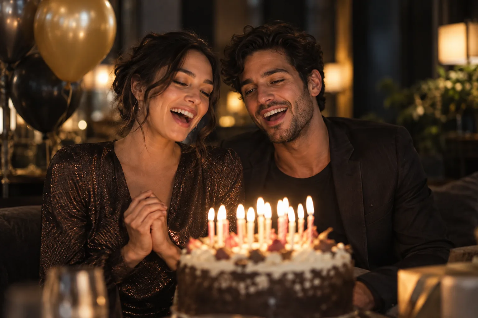 AI concept of two friends singing beside a birthday cake