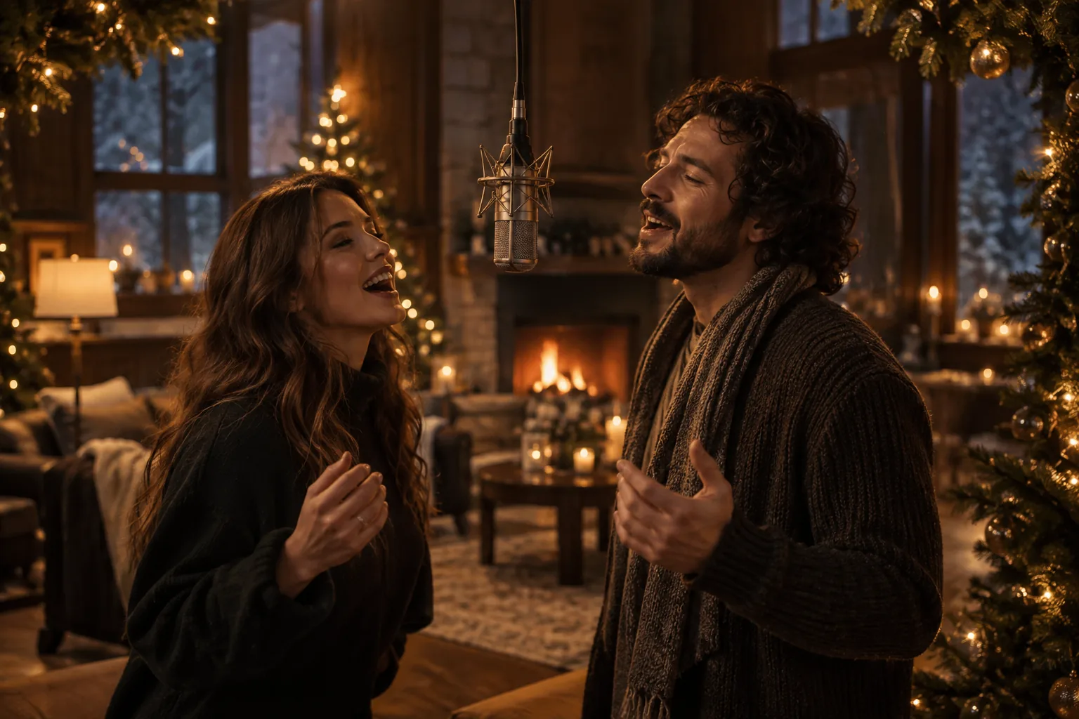 AI concept of two friends singing among warm Christmas decorations