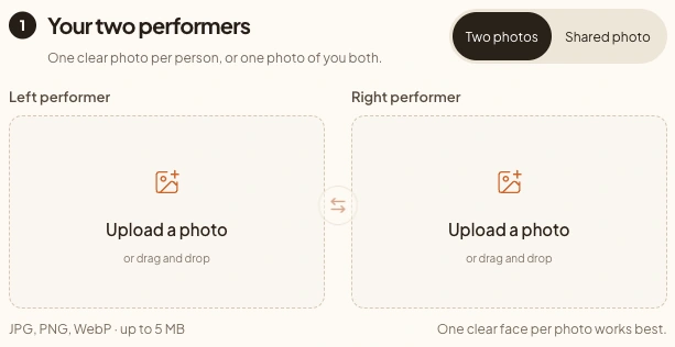 Current creator with separate left and right photo upload slots